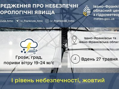 Штормове попередження на 27 травня: сильні шквали, грози та град на Прикарпатті