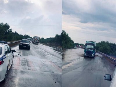 На трасі Київ — Чоп поблизу Варковичів через сильну зливу ускладнений рух транспорту