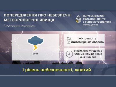 УВАГА! У найближчу годину з утриманням до кінця дня 11 липня по Житомирській області та м. Житомиру гроза