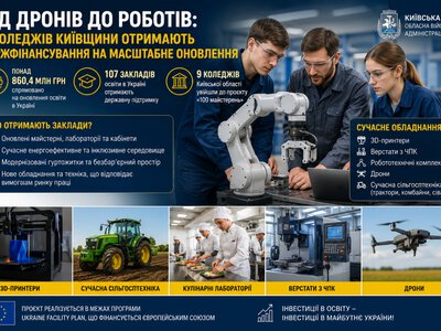 Дев'ять коледжів Київщини модернізують за держкошти: з'являться майстерні з дронами та роботами