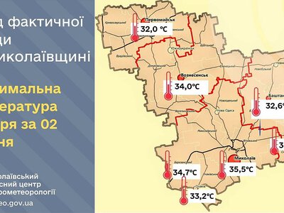 Найсильніша спека — у Миколаєві: опубліковано мапу температур по області