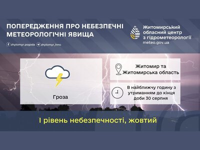 В найближчу годину з утриманням до кінця доби 30 серпня у Житомирській області та місті Житомирі гроза (І рівень небезпечності – жовтий) – Житомирський обласний центр з гідрометеорології