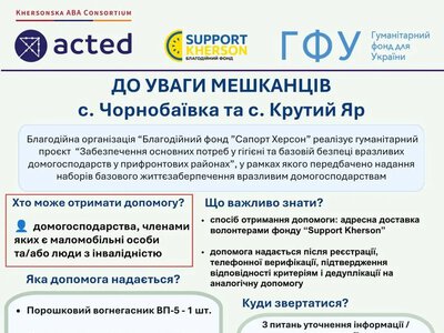 Чорнобаївка та Крутий Яр: мешканці отримають протиосколкові плівки та ліхтарі
