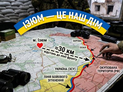 Какое расстояние от города Изюма до линии фронта на сегодня?