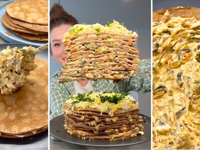 Печінковий торт по-новому: ніжна начинка з грибами та сиром